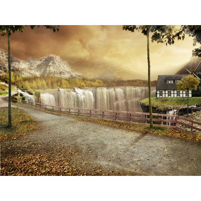 Fototapete PAPERMOON "Haus an Wasserfällen", bunt, B:3m L:2,23m, Vlies, Tapeten