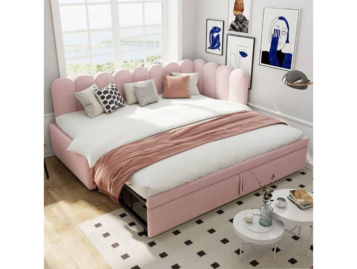 Canapé-lit gigogne - SOGEU - Canapé gigogne en L mural - Velours rose - Couchage 90-180x200 - Gain d'espace 2-en-1