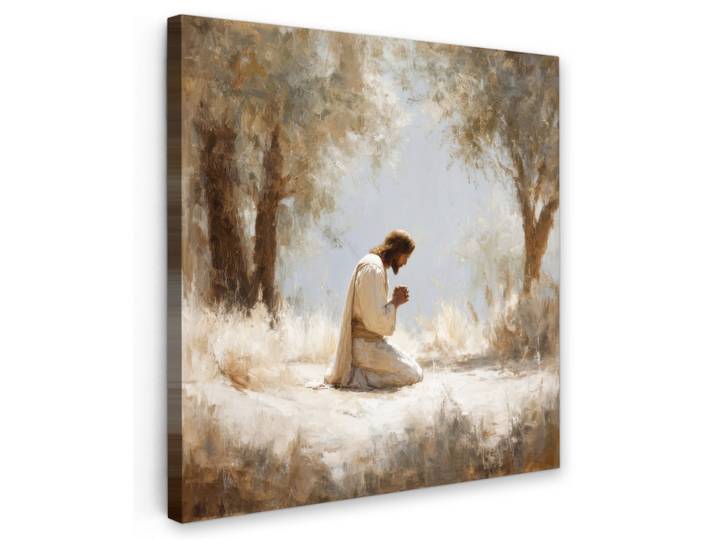 LEINWANDBILD Jesus - Kniend - Waldlandschaft - Betend Deko Groß 90x90 cm