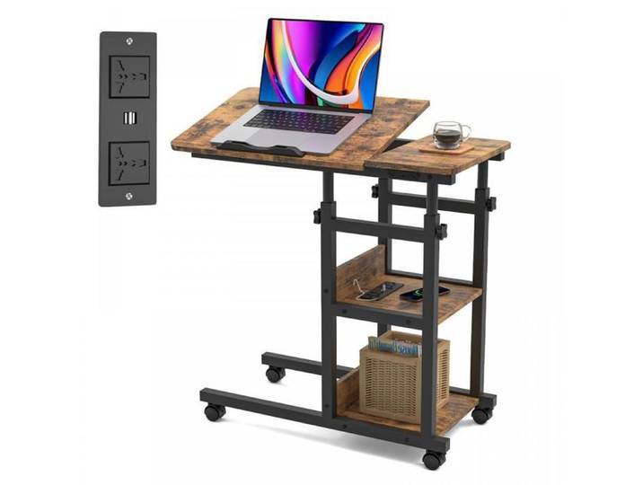 Bureau ordinateur QUIIENCLEE hauteur réglable et sur roulettes table d'appoint en forme de C 80x40x64-95cm Marron