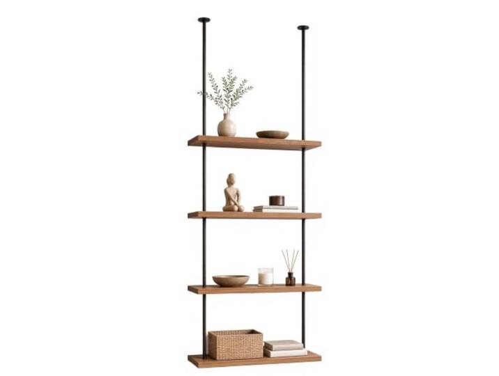 Schwebende Regale, industrielles Deckenregal aus Holz + Metall, Eisen Hängender Ausstellungsständer für Schrank, Küche, Bar, Pflanzen, Bücher, Schuhe, Taschen(4-layer 60x30x155cm)