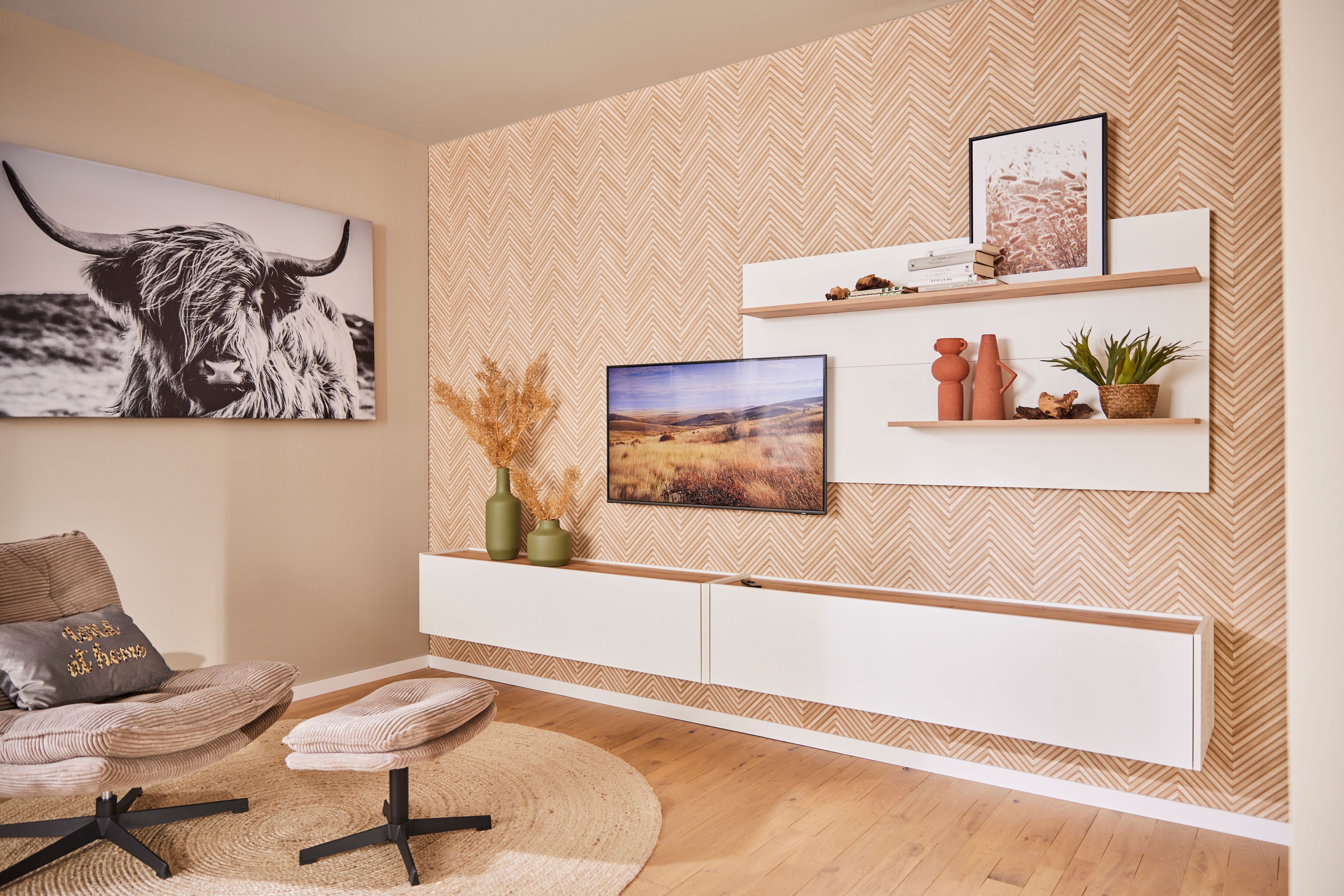 Wohnwand HOME AFFAIRE "City/Giron, moderne Anbauwand, Komplettset in vielen Farben verfügbar", weiss (weiß), B:300cm H:180cm T:30cm, Holzwerkstoff, Kastenmöbel-Sets, Wohnwand, enthält zwei Hängeschränke & ein Wandpaneel weiß B/H/T: 300cmcm x 180cmcm x 30c