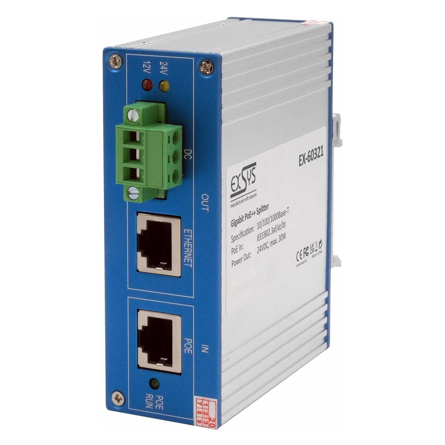 Exsys Ethernt PoE++ Splitter 10/100/1000M 802.3bt,24VDC/2A/48W (PoE Splitter) (EX-60321)