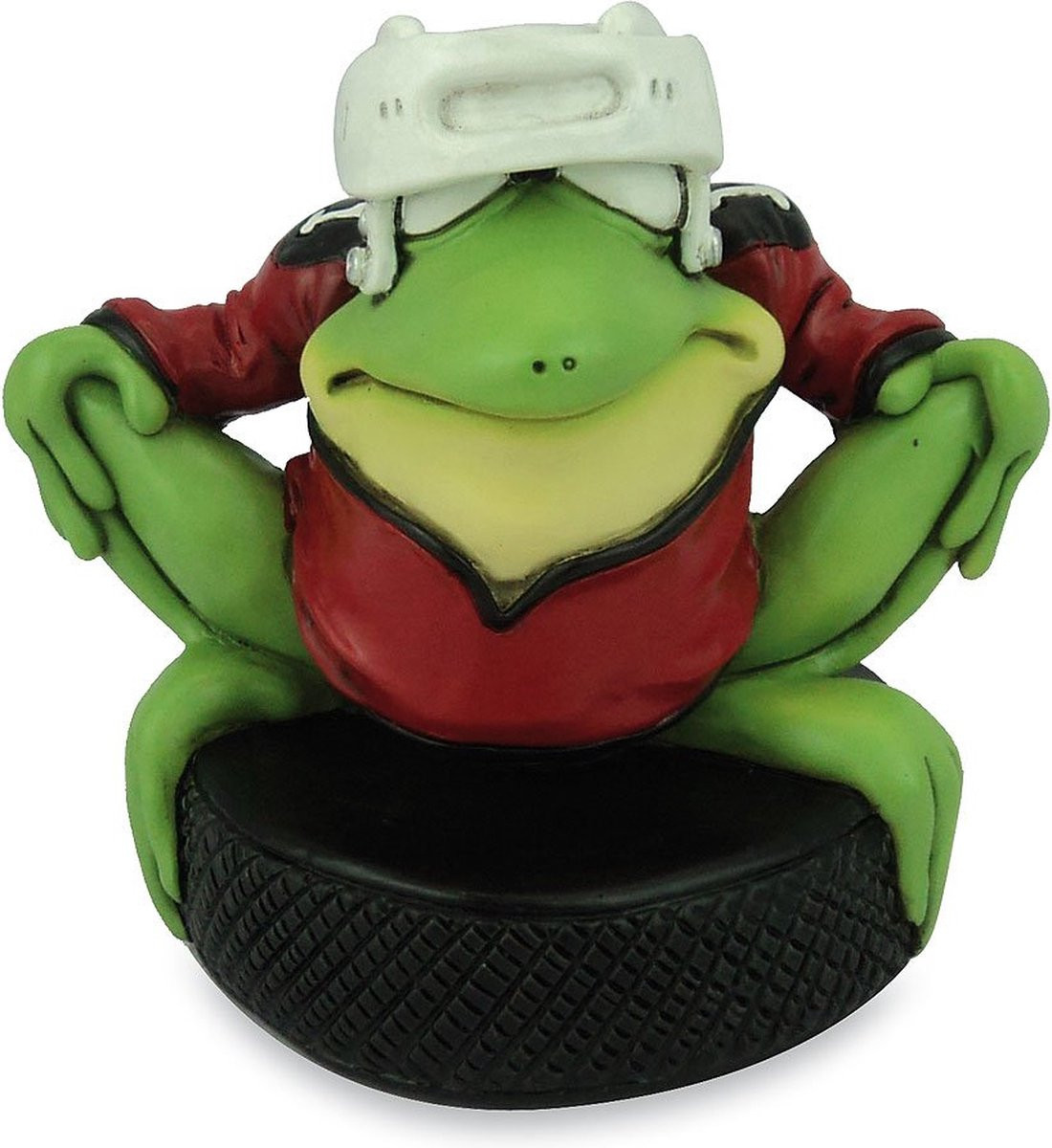 Dierenbeeldje Freddy de hockeykampioen groene kikker hoogte 11 cm