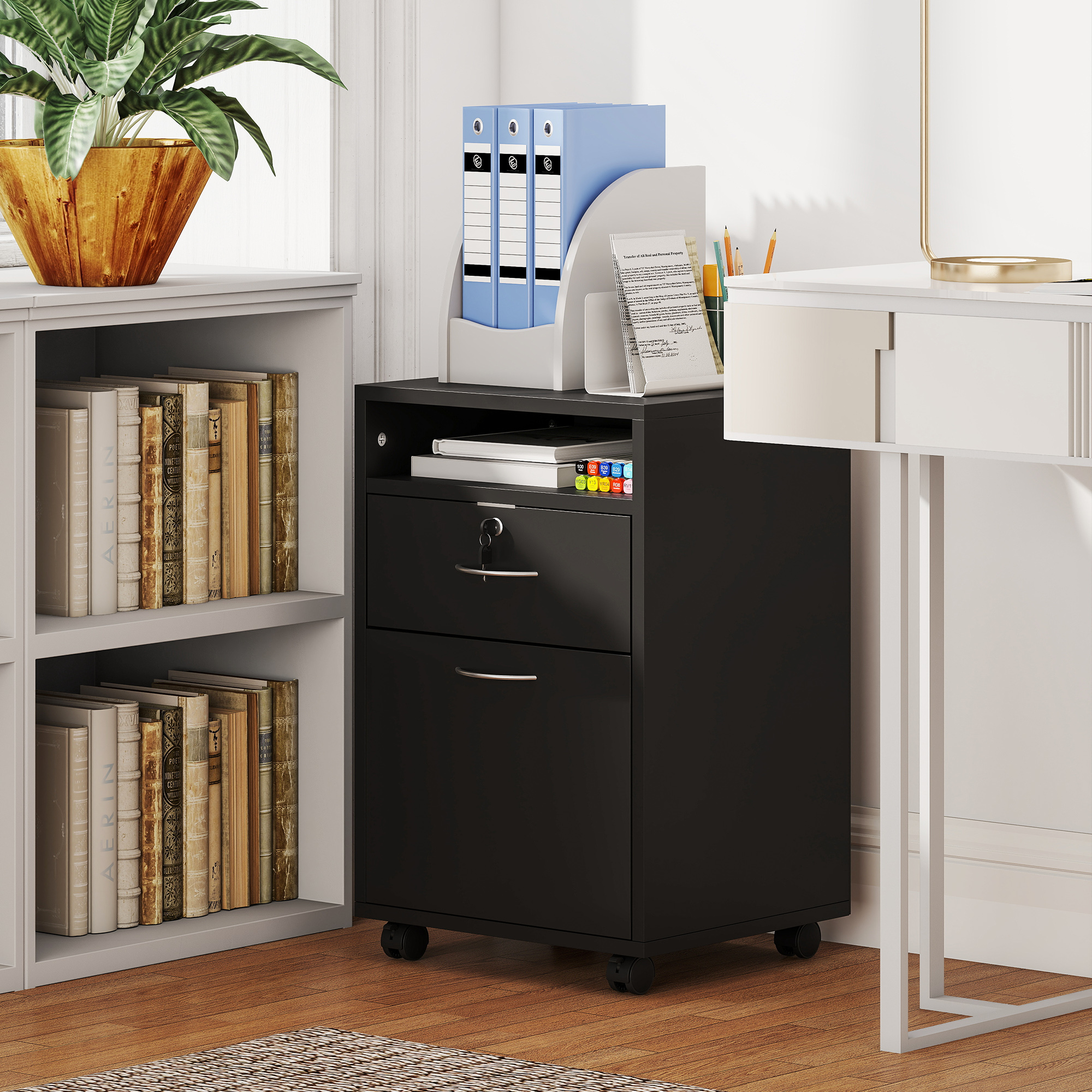 Homcom Mobiletto da Ufficio in Legno con Ripiano Aperto, Cassetto con Serratura e Armadietto, 40x35x60 cm, Nero   Aosom Italy