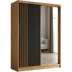 KLEIDERSCHRANK mit Spiegel-Schiebetüren und Aluminium-Leisten - NALLA - 160 cm Artisan+Schwarz+Artisan