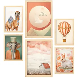 POSTER Set Mit 6 Orangefarbener Traum A3 & A4 Rahmen Aus Hellem Holz