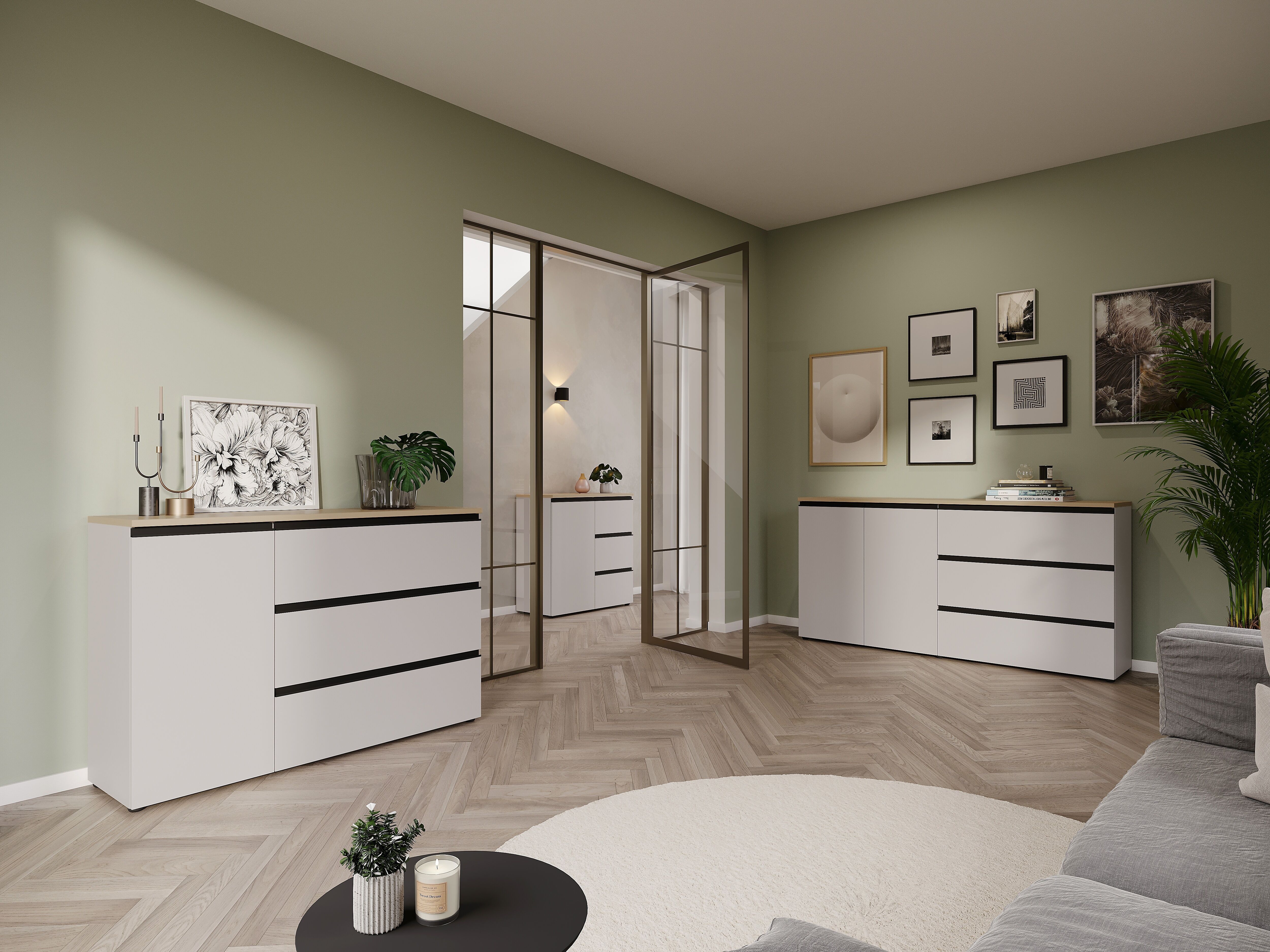 Sideboard GERMANIA "Cormano", weiß (kaschmir, lindberg, eiche, nachbildung), B:180cm H:91cm T:41cm, Holzwerkstoff, Sideboards, Sideboard, Sideboard mit zwei Türen und drei Schubkästen