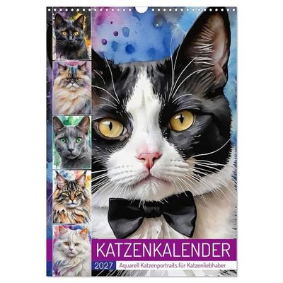 KATZENKALENDER - Aquarell Katzenportraits für Katzenliebhaber (Wandkalender 2027 DIN A3 hoch), CALVENDO Monatskalender