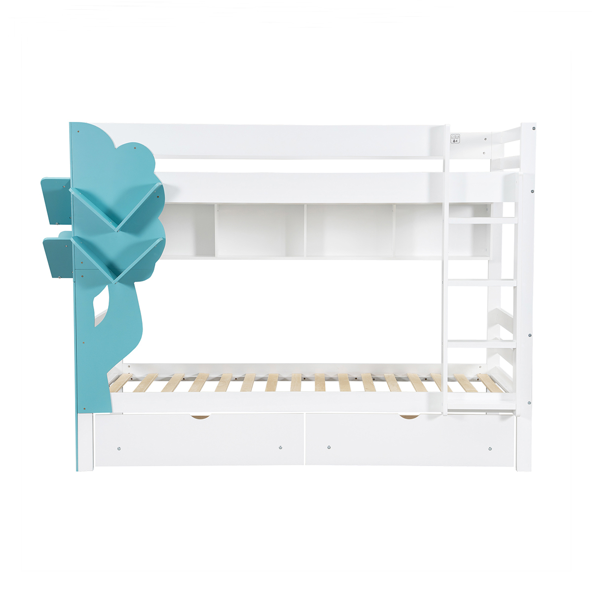Kinderbett mit Bücherregal in Baumform und Schubladen Etagenbett Hausbett Jugendbett für Mädchen und Jungen 90x200cm Weiß+Blau