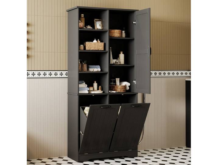 MODFU Badkommode Badezimmerschrank (mit zwei Wäschekörbe, vier offene Ablagefächer, eine Schranktür, verstellbare Einlegeböden, 1 St)