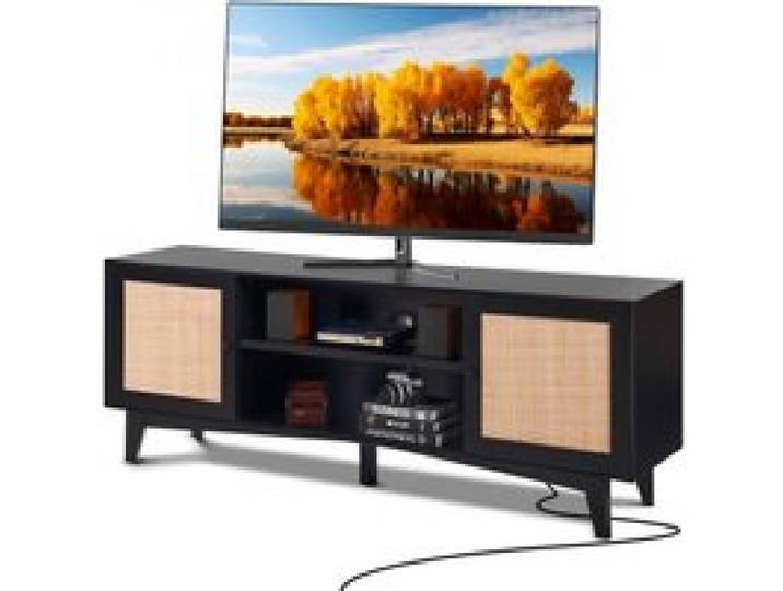 VEVOR Rattan-TV-Ständer für 191 cm Fernseher, Boho-TV-Ständer mit Rattantür, Fernsehschrank mit eingebauter Steckdose, Lagerschrank mit 2 Regalen, moderne TV-Konsole für Wohnzimmer, Schwarz
