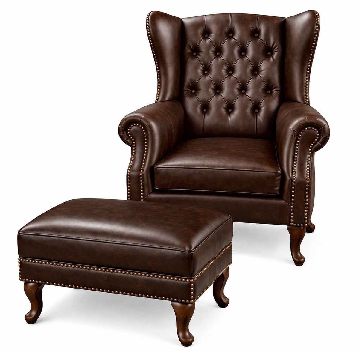 Chesterfield Fauteuil met Hocker - Mokka Bruin - Leer