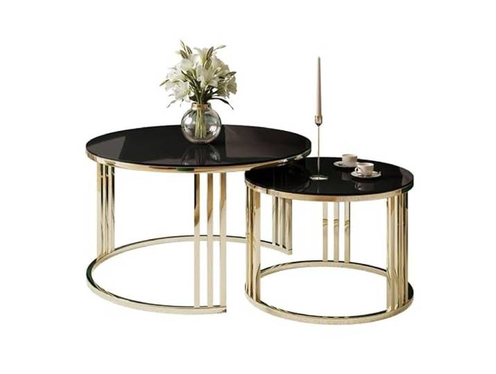 Lookway Couchtisch Lori 2in1 Glass runder Couchtisch mit Gold Chrom Gestell (Goldgestell/Schwarzes Glas)