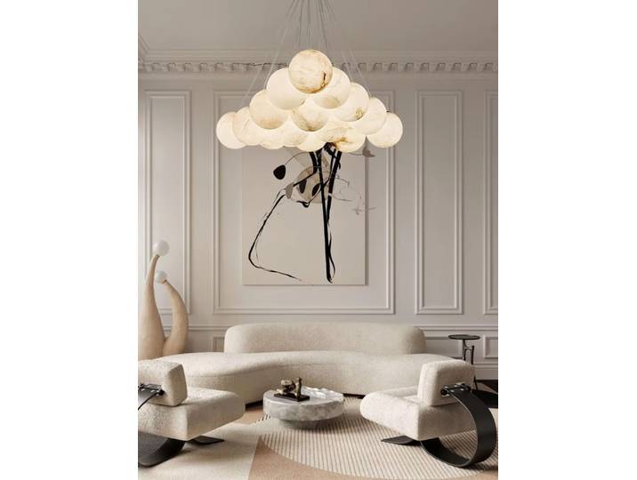 Lustre Bouquet de Marbre G9 LED avec Boules d'Alabâtre, Tendance 2026, Éclairage Suspendu Chromé pour Salon