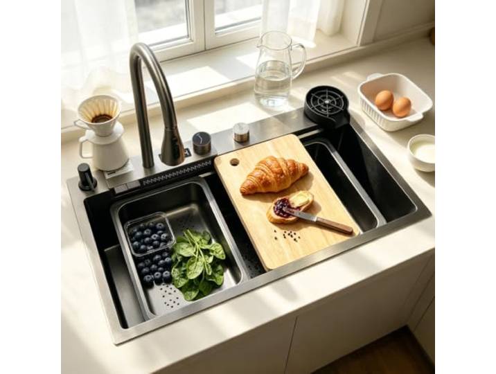 KOOGIMDDR 75x45cm Küchenspüle Edelstahl Rechteck, Wasserfall Spüle Entwässerung links, Spüle Küchemit Hahnloch Und Überlauf，Siphon, Multifunktionale Barspüle, Küche Arbeitsstation
