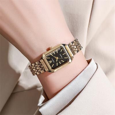 Youfap Market Luxury Ladies Quartz Wristwatches, Women's Fashion Square Watches, Gold Alloy Strap Female Roman Scale Clock gold black
