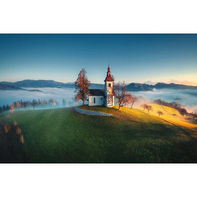 Fototapete PAPERMOON "PANORAMA-KIRCHE SONNE GEBIRGE LANDSCHAFT SLOWENIEN XXL", bunt, B:2,5m L:1,86m, Vlies, Tapeten