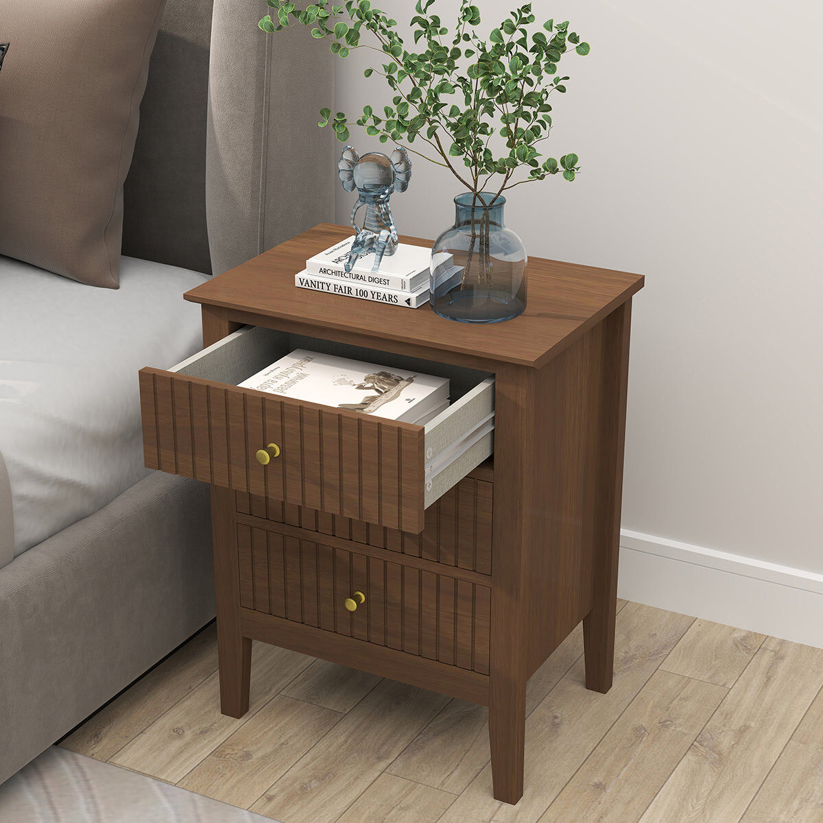 3 Drawer Bedside Table - Hales Dark Wood Range Manufactured Wood, Metal