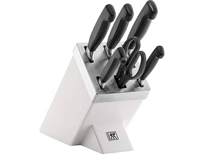 ZWILLING Vier Sterne Selbstschärfender Messerblock, Made in Germany 7-teilig: 5 Messer, 1 Küchenschere, 1 Holzblock; Rostfreier Spezialstahl, Weiß