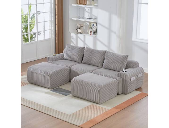 Canapé modulable 3 places - ZEVKOR - Canapé modulable 3 places - velours côtelé - 2 poufs - porte-gobelet et poche