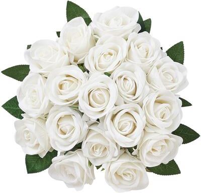 Lesly 60 Pcs White Roses Artificial Flowers Realistic Bouquet - 3.9