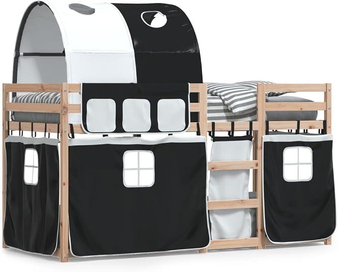 Etagenbett mit Vorhängen Weiß & Schwarz 80x200 cm Kinder Etagenbett Kinderbett Doppelbett Kinderhochbetten Bett Kiefernholz - 3283988