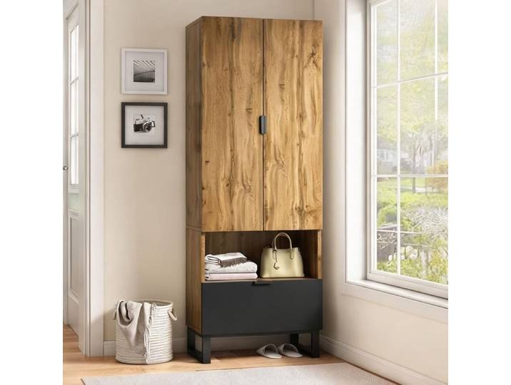 Armoire avec penderie en panneau de particules finition natural 180x65x38 cm tiroir et étagères ajustables