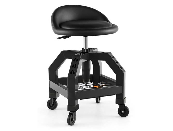 GOPLUS Tabouret de Mécanicien avec Roulettes-Tabouret d'Atelier Pivotant à Hauteur Réglable avec Plateau à Outils-Charge 150KG Noir