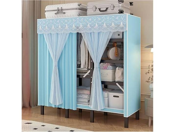 MmcdylyhEU Faltbarer, tragbarer Kleiderschrank mit Abdeckung, Metall-Kleiderständer for Aufhängen, platzsparender Kleidungsstück-Organizer(Blue,200cm/78.7inch)