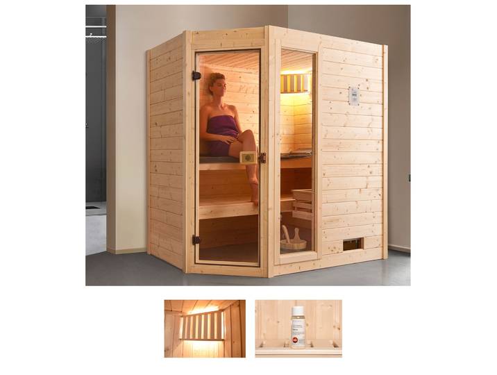 Sauna WEKA Valida Eck 1 , beige (natur), Saunaofen, integrierte Steuerung, 5,4 kW, Saunen, Sauna, 5,4 kW Ofen mit int. Steuerung, mit Fenster