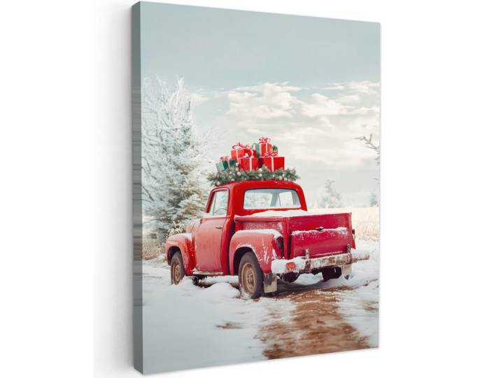 MuchoWow Leinwandbild - Auto - Rot - Geschenke - Winter - Schnee - Weihnachten - 60x80 - Gemälde, Textil, Kiefer, Abstrakt, Rechteckig, 60x80 cm, gerahmt, Bilder & Rahmen, Bilder, Wandbilder