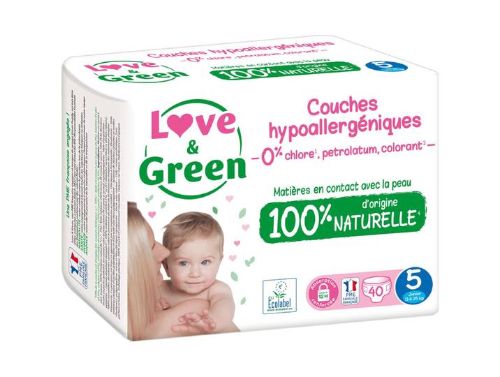 LOVE &amp; GREEN Couches Bébé Hypoallergéniques Écologiques Taille 5 11-25kg - 40 couches