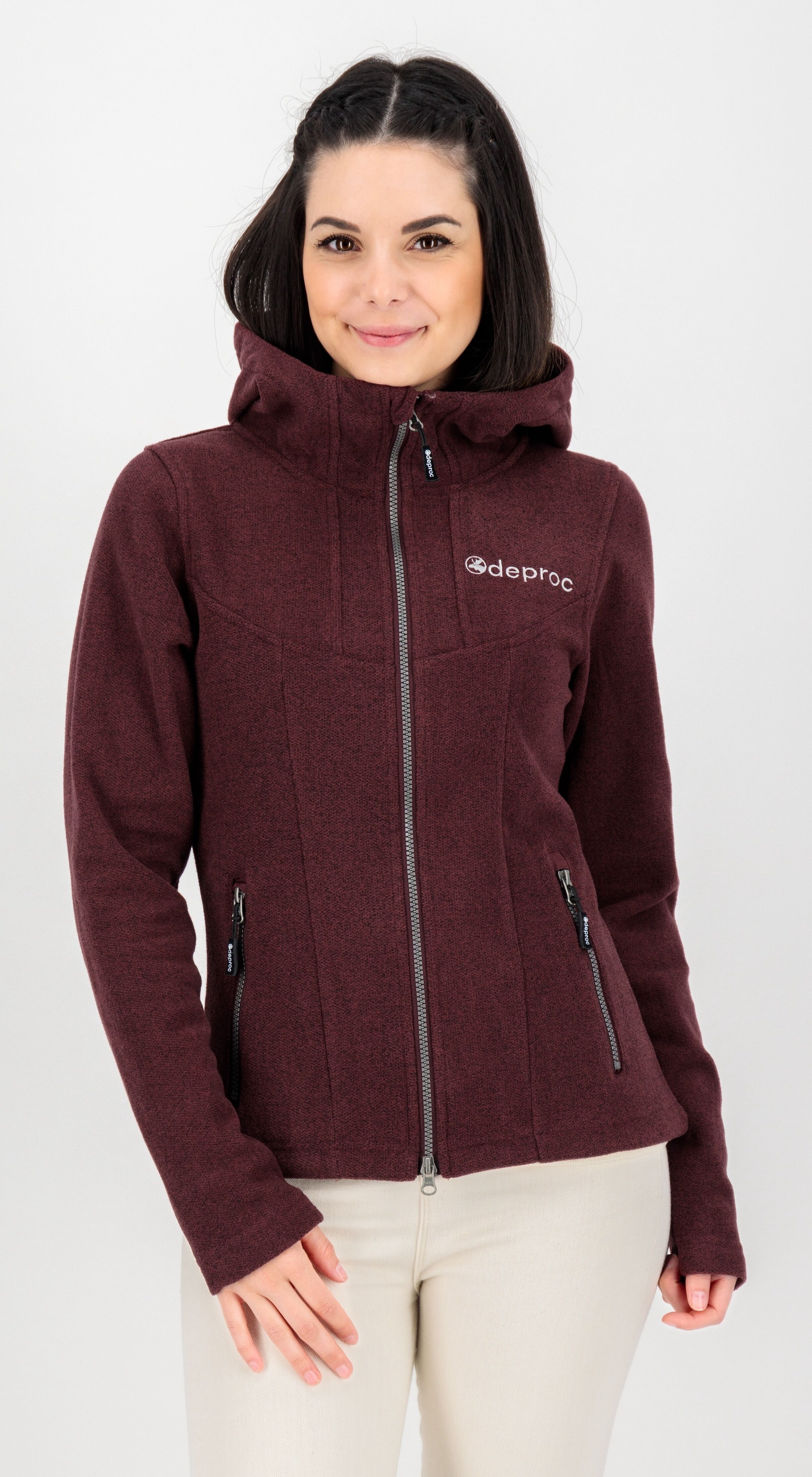 Strickfleecejacke DEPROC ACTIVE "GLORY MAY", Damen, Gr. 44L, lila (berry), Fleece, 100% Polyester, figurbetont hüftbedeckend, gerader Abschluss, Jacken Strickfleecejacke, mit 2-Wege-Reissverschluss berry 44L