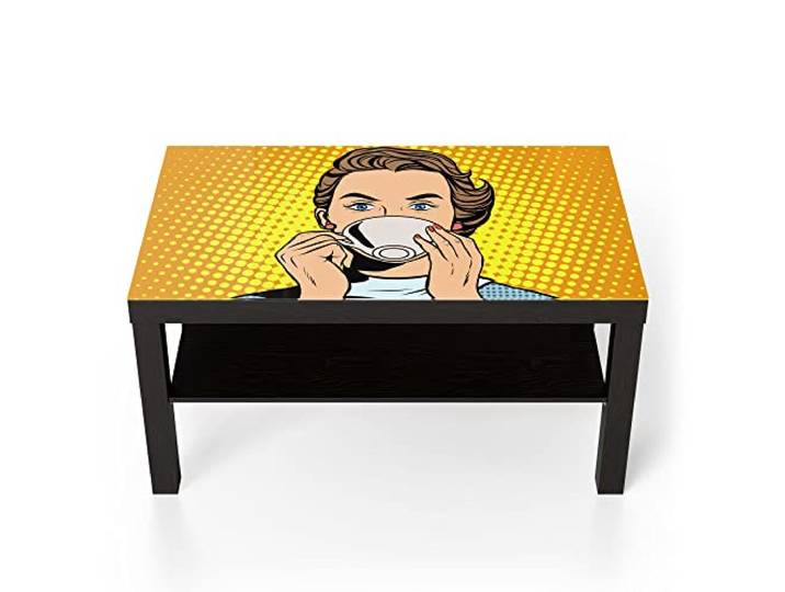 DEQORI Glastisch schwarz groß 90x50 cm Motiv Frau trinkt aus Tasse ausgefallener Beistelltisch aus Glas Hochglanz Couchtisch fürs Wohnzimmer moderner Couch Tisch mit Design