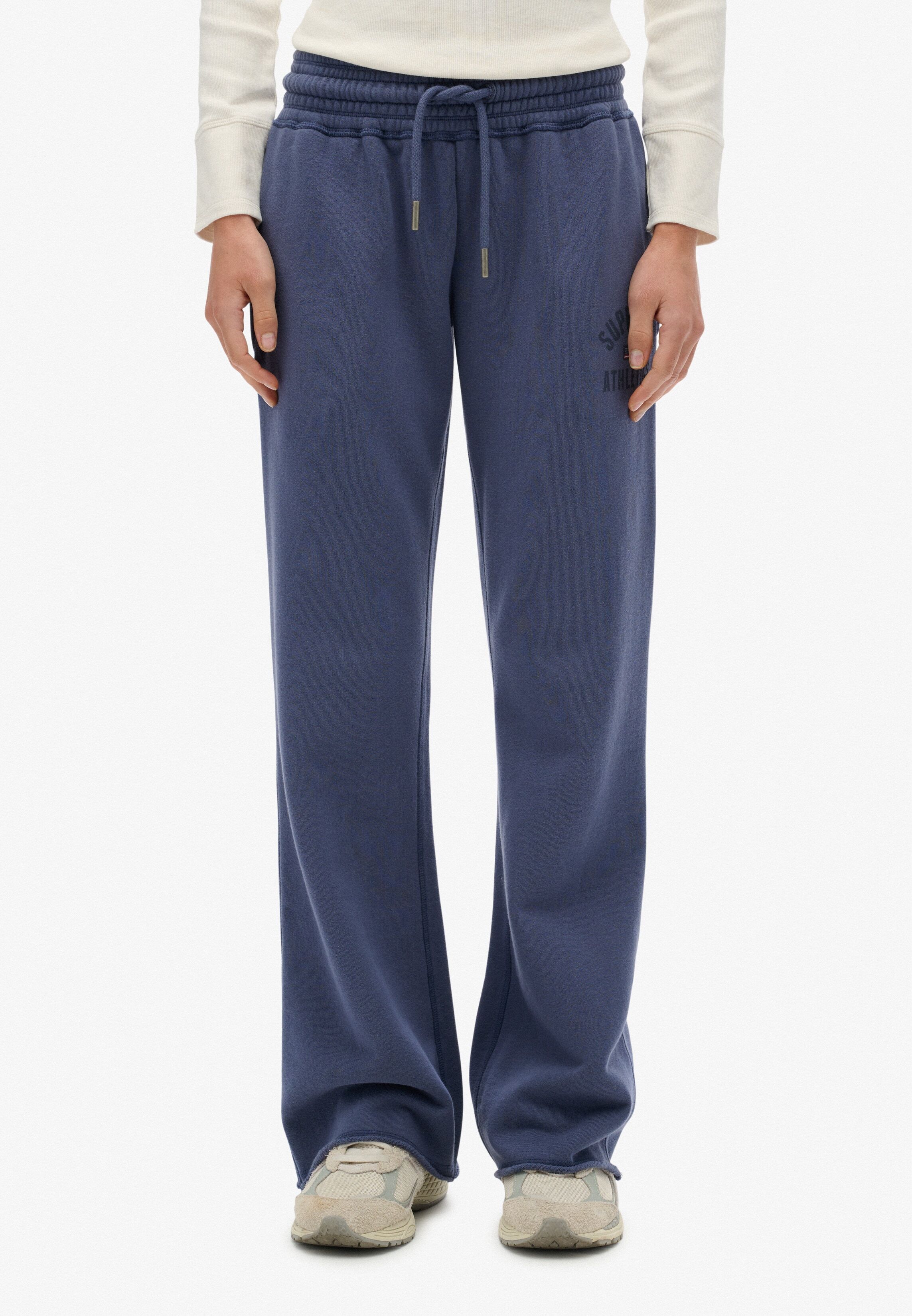 Sweathose SUPERDRY "SU-ATHLETIC PRINT FLARE JOGGER", Damen, Gr. XS, N-Gr, blau (mariner navy), Sweatware, Obermaterial: 100% Baumwolle, unifarben, regular fit normal, Hosen Sweathose, aus Baumwollmischung, Regular Fit, mit Kordelverschluss mariner navy XS