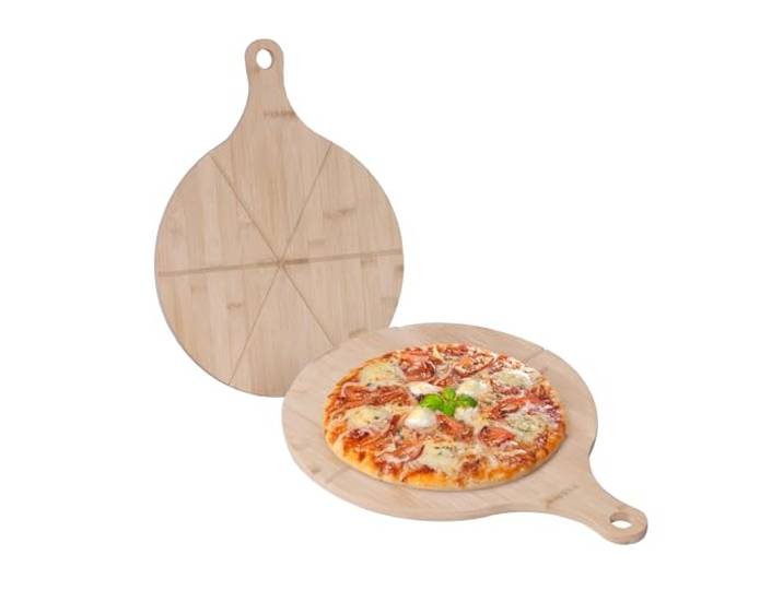 Relaxdays Plateaux à pizza\, lot de 2\, bambou\, Ø 33 cm\, pour pizza\, tarte flambée\, fromage\, naturel