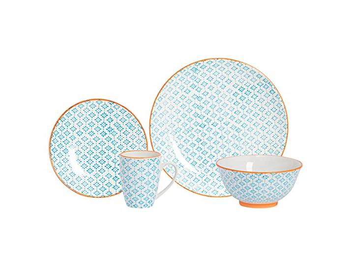 Nicola Spring Handbedrucktes 24-teiliges Essgeschirr-Set – Blau Steingut-Geschirr im japanischen Stil: Essteller, Schalen, Beilagenteller und Tassen für Küche, Café & Restaurant