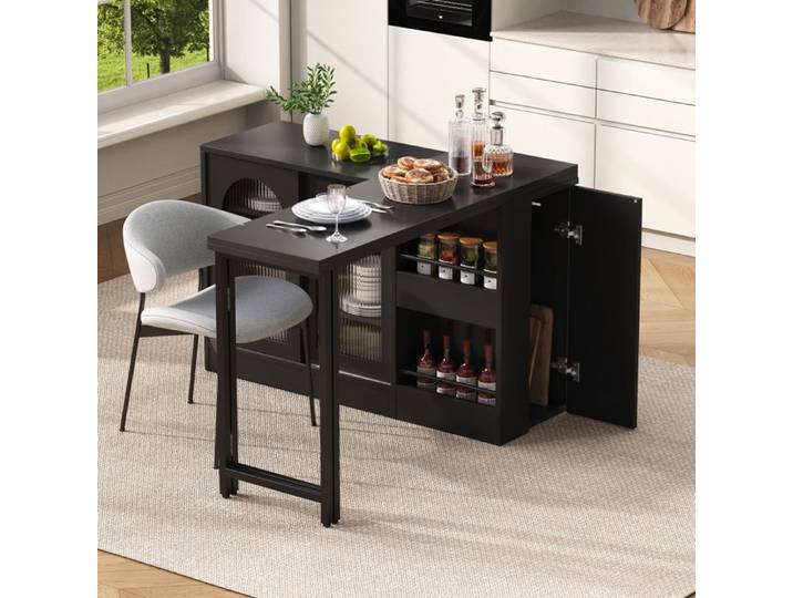 Table de bar extensible Îlot de cuisine moderne comptoir extensible pivotant à 360° avec rangements portes vitrées noir