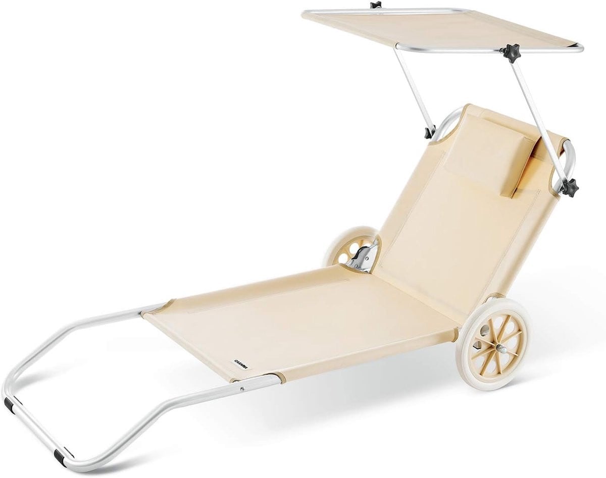 Opvouwbare ligstoel Kreta met luifel en 2 wielen, UV-bestendig aluminium, beige