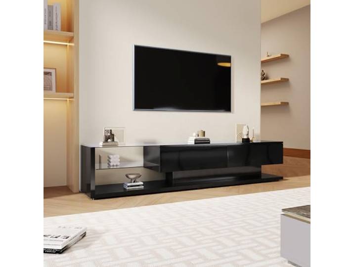 Merax Lowboard TV Board mit LED-Beleuchtung, Modernes Hochglanz weiße TV-Schrank mit Glasständer und Zwei Schubladen, Fernsehtisch niedrige Paneele, für Wohnzimmer, Esszimmer, Schwarz, 170x36x38cm