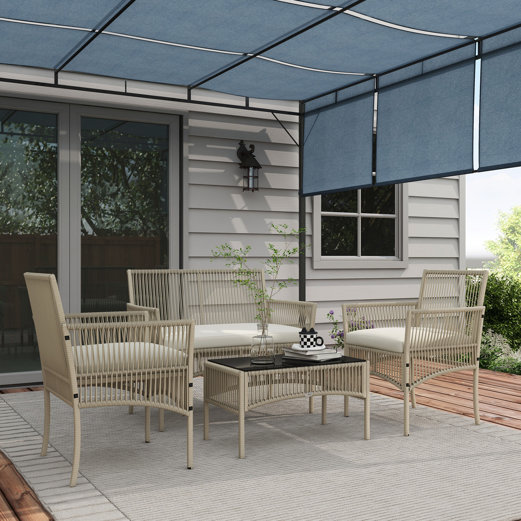 Altro Set Da Giardino In Rattan Da 4 Pezzi Con 2 Poltroncine, Divano E Tavolino Da Caffè, Kaki E Nero