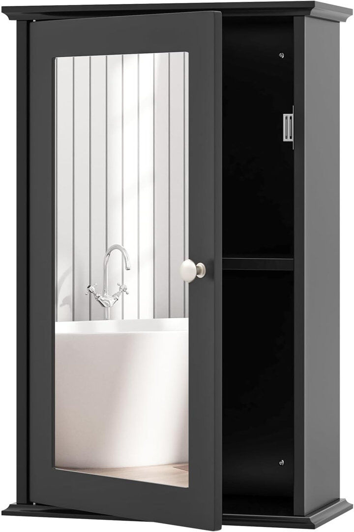 Rebrilliant Bathroom Medicine Cabinet Wall Mounted Mirror Cabinet w/ Single Door Black