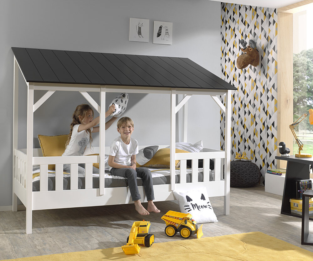 Kinder- Hausbett ALEXANDRIA-12 mit 90 x 200 cm Liegefläche, Dach in schwarz - B/H/T: 214,2/174/105,3cm
