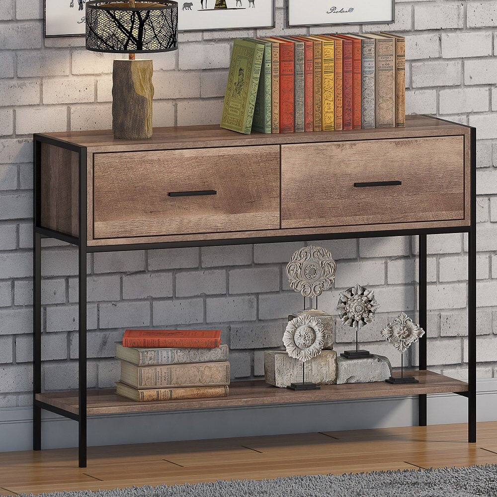 Trent Austin Design Esteban 2 Drawer Console Hallway Table. Industrial Style. Black Metal Frame. Brown 74cm H X 100cm W X 35cm D