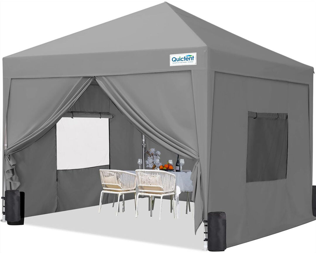 Quictent 3x3m (10x10ft) Pop Up Canopy Gazebo with Mesh Window Sidewalls, Adjustable Height Event Shelter, Portable Tent for Garden Party, Camping, Bei Grey