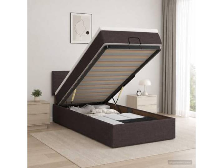 Ottomanbett mit Matratze Dunkelbraun 90 x 200 cm Stoff Gasdruckfeder, verdeckter Stauraum, verstellbares Kopfteil, feste Latten, mittlere Matratze mit Topper