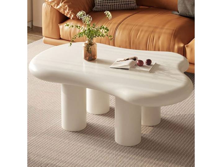 Table basse design moderne nuage blanche 91 cm – Table de salon scandinave contemporaine avec pieds cylindriques – Style