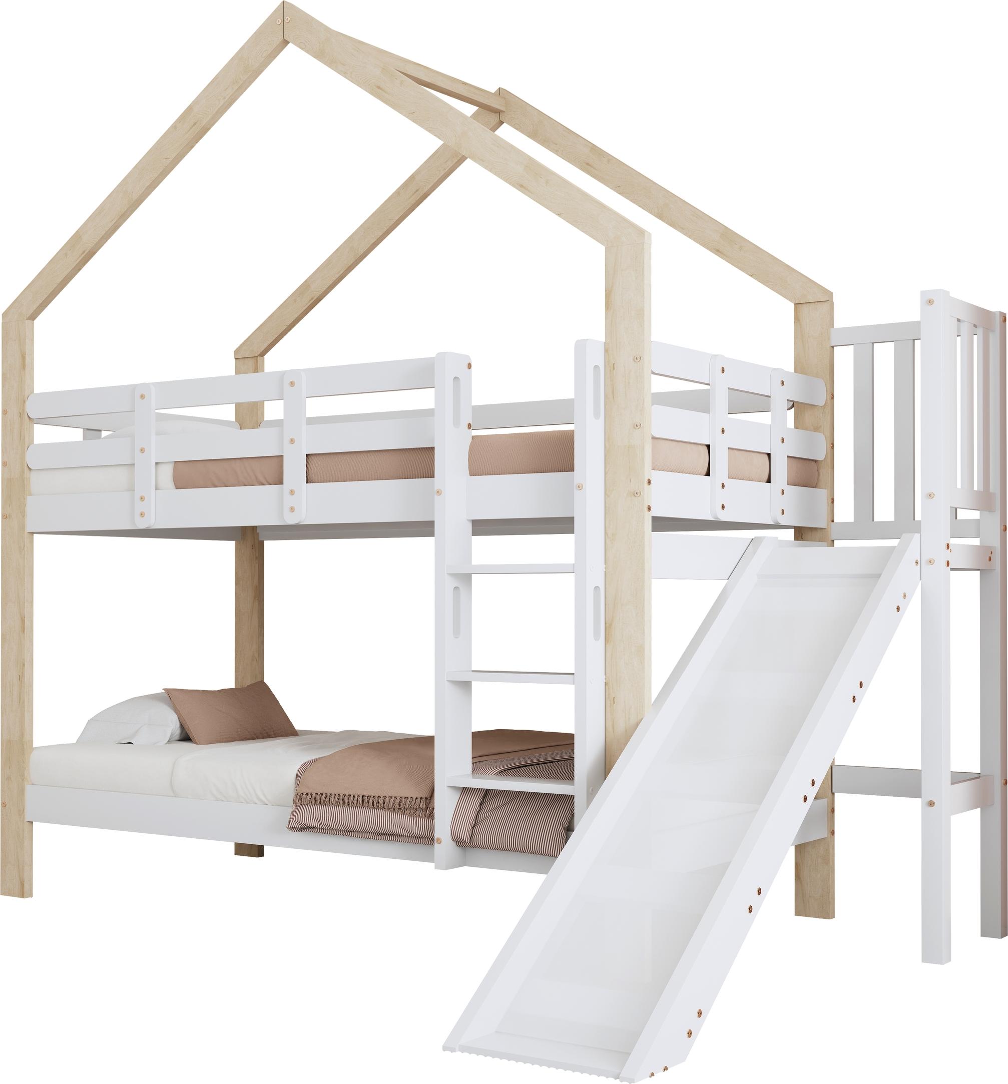 Etagenbett mit Rutsche und dreistufiger Winkelaufstiegsleiter, Hausbett mit mit Absturzsicherung, Kinderbett, Bettrahmen aus Massivholz, 90x200cm