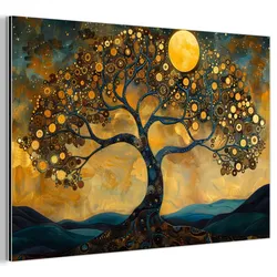 METALLBILD Baum - Mond - Blumen - Gold - Kunst Wandbild 60x40 cm